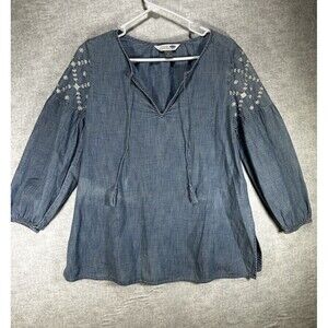 Old Navy Womens Size S Chambray Embroidered Tunic Top Tassel Blue 3/4 Sleeve